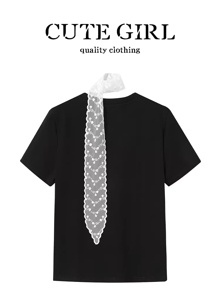 Áo thun ngắn tay màu đen phong cách Hàn Quốc dễ thương có khăn ren dành cho nữ, áo kiểu dáng thanh lịch đa năng mùa hè