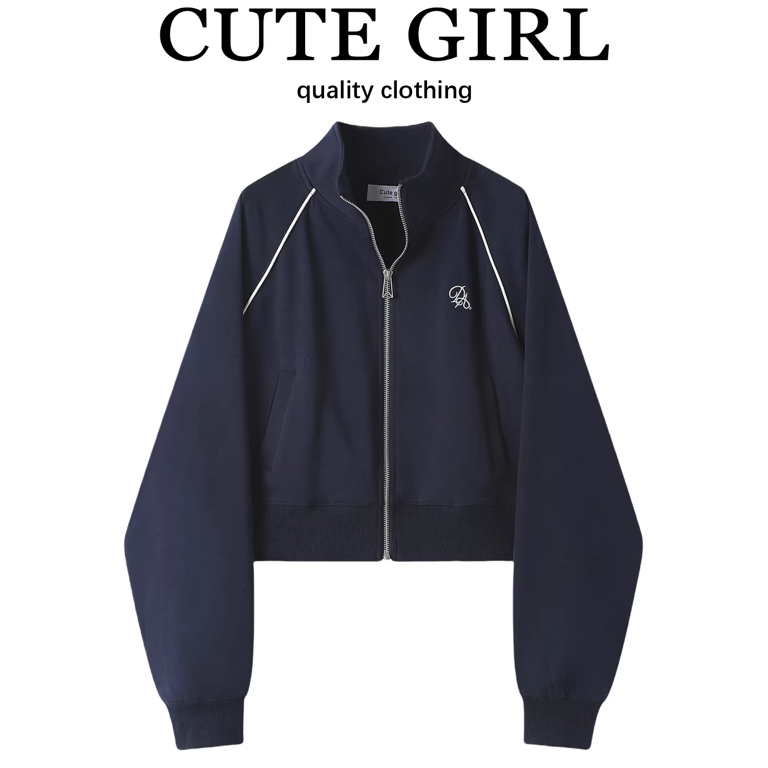 Áo khoác ngắn cổ đứng có khóa kéo thêu phong cách thể thao CuteGirl dành cho nữ, áo dáng rộng mùa xuân, dáng rộng, đa năng, hợp thời trang