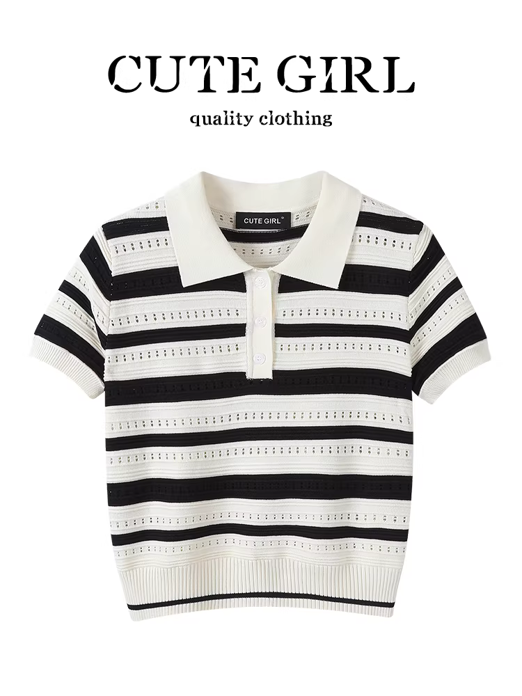 Áo thun ngắn tay dệt kim cổ polo sọc rỗng CuteGirl dành cho nữ, thiết kế mùa hè, dáng rộng, giản dị, đa năng