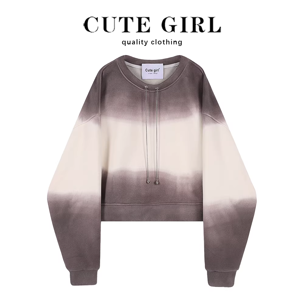 Áo len lót lông cừu ngắn cổ tròn màu gradient dễ thương dành cho nữ, thiết kế mới mùa thu/đông 2025, áo khoác dày dặn