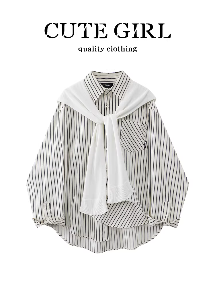 Áo sơ mi sọc cổ polo phong cách CuteGirl có khăn choàng cho nữ, áo sơ mi dáng rộng thanh lịch mùa thu, đa năng