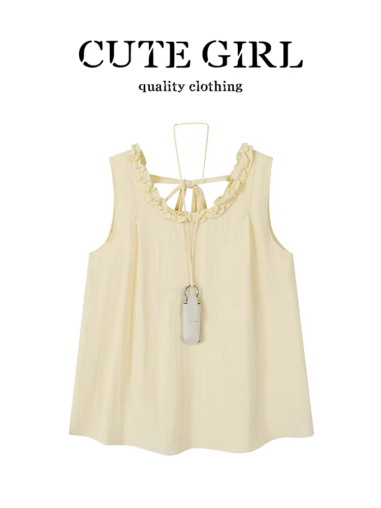 CuteGirl phong cách Hàn Quốc thanh lịch có ren xếp nếp hở lưng buộc dây áo yếm nữ mùa hè đa năng hợp thời trang áo dáng rộng