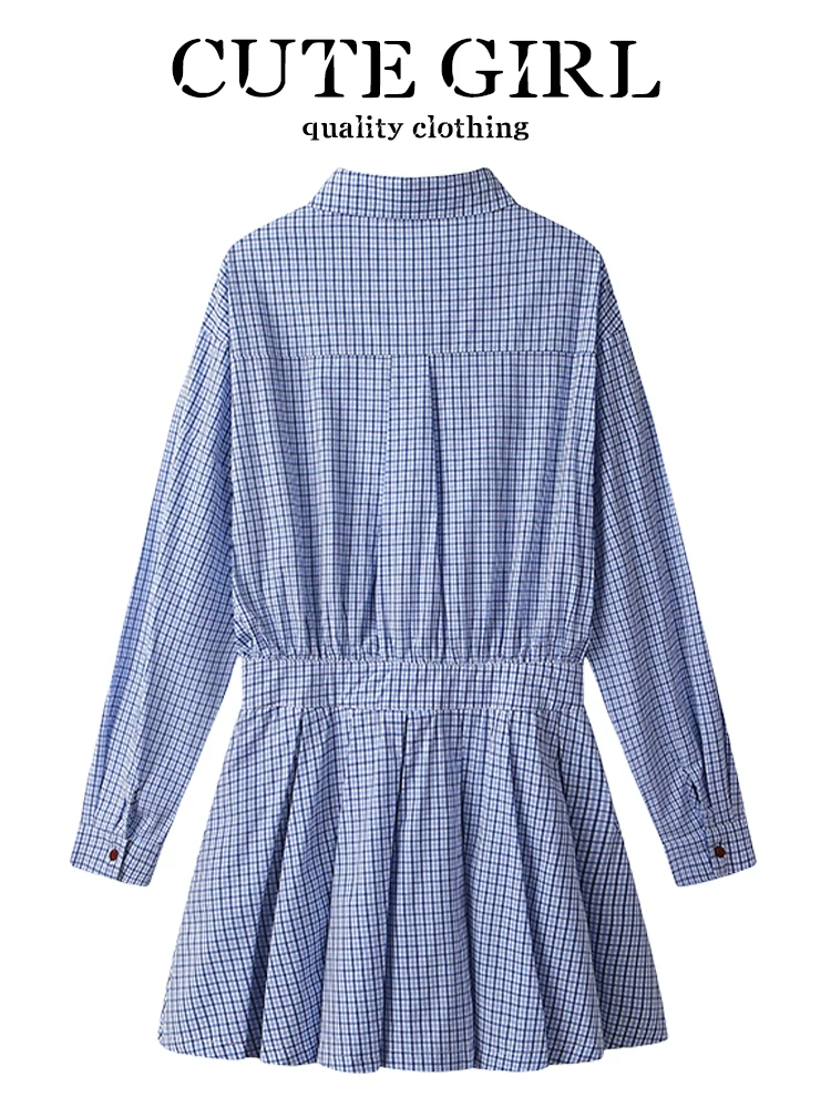 Váy sơ mi kẻ sọc giảm tuổi tác theo phong cách preppy của CuteGirl dành cho nữ, váy ngắn tay dài ôm eo giảm béo mùa xuân mới
