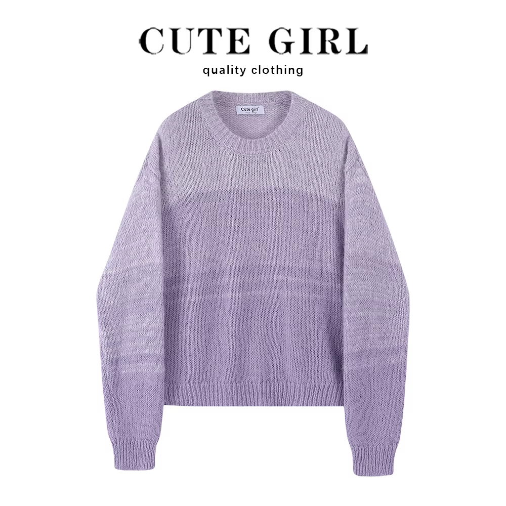 Áo len màu tím gradient nhỏ nhắn dễ thương dành cho nữ, phong cách mới xuân thu 2025, kiểu dáng lười biếng, áo len dệt kim bên trong dày dặn.