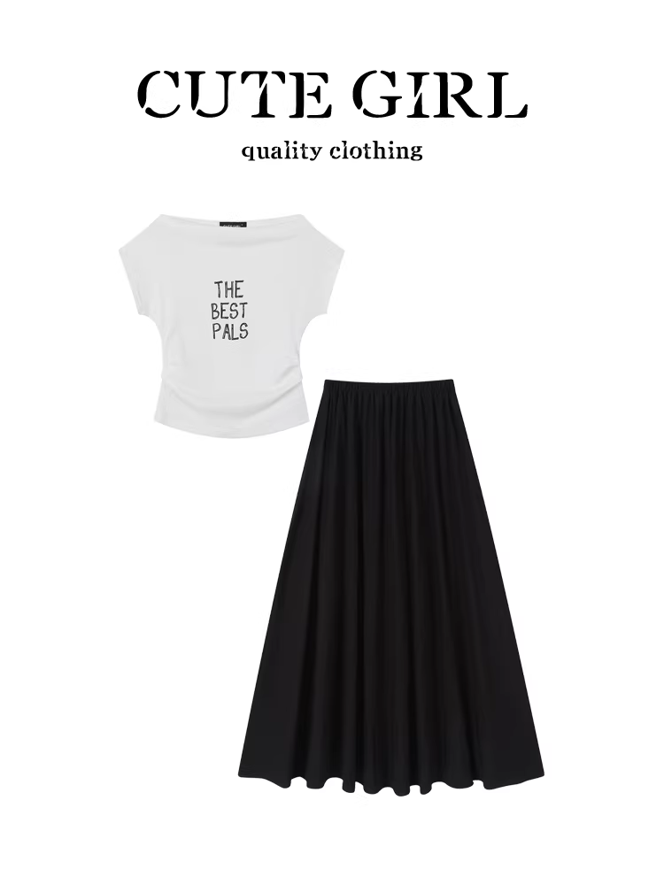 CuteGirl phong cách Hàn Quốc hot girl in chữ áo thun ngắn tay một vai dành cho nữ mùa hè váy nửa dài lưng cao bộ hai món