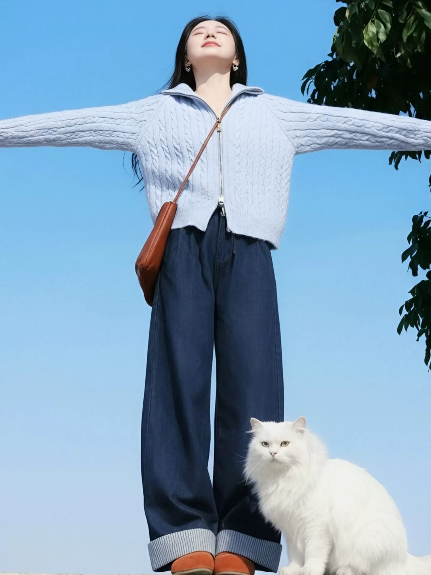 Áo cardigan dệt kim có dây kéo đôi màu xanh lam phong cách Hàn Quốc dành cho nữ, áo khoác dệt kim đa năng giảm tuổi xuân đầu xuân