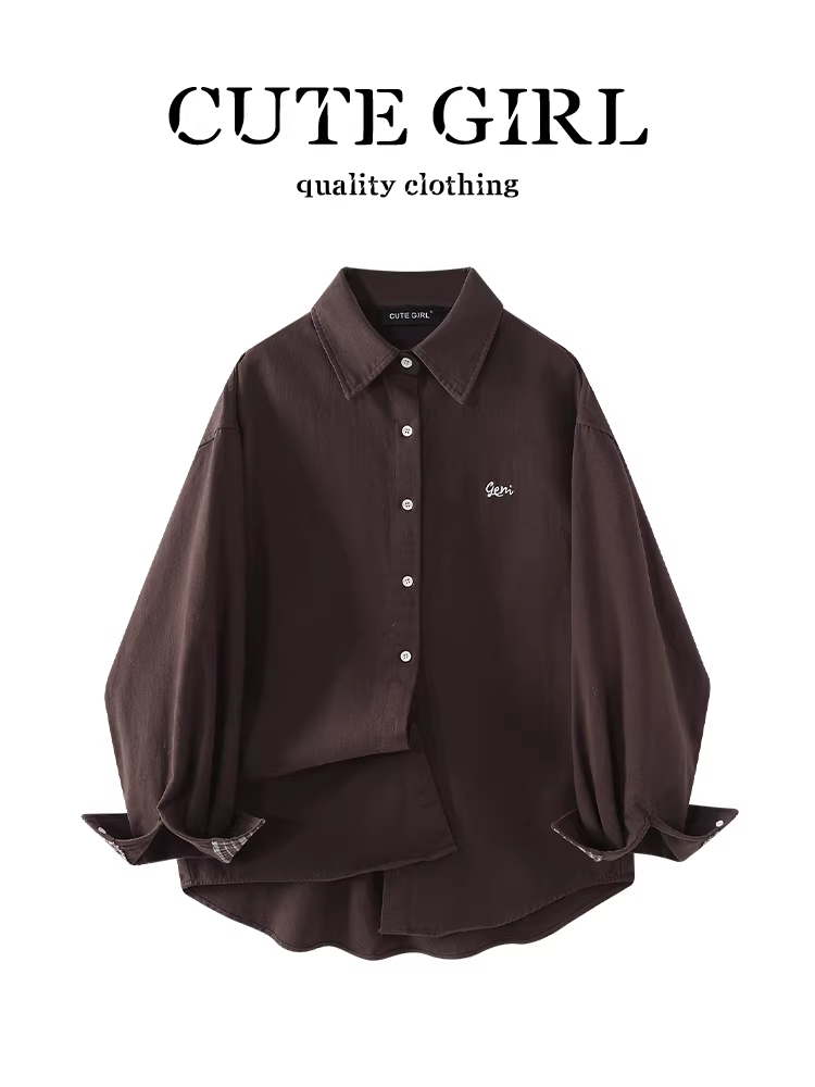 Áo sơ mi dài tay thêu cổ điển màu cà phê của CuteGirl dành cho nữ trong mùa thu đông, áo sơ mi đa năng thanh lịch và rộng rãi