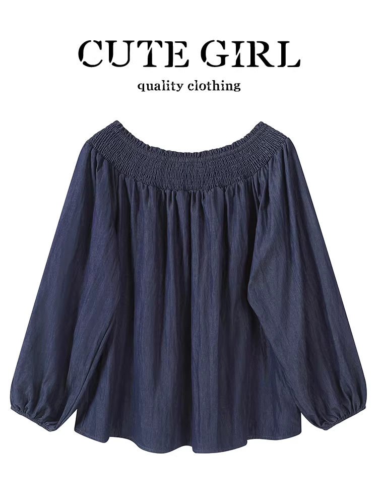 Áo sơ mi lệch vai xếp ly màu xanh denim phong cách Hàn Quốc dành cho nữ, áo kiểu đơn giản và thanh lịch độc đáo cho mùa thu.