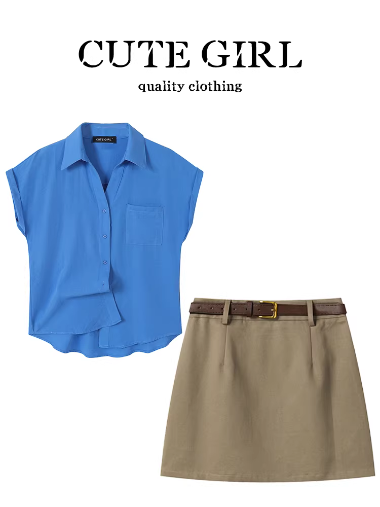 Bộ trang phục mùa hè phong cách Hàn Quốc CuteGirl dành cho nữ, áo sơ mi tay bồng màu xanh và váy chữ A lưng cao, bộ hai mảnh