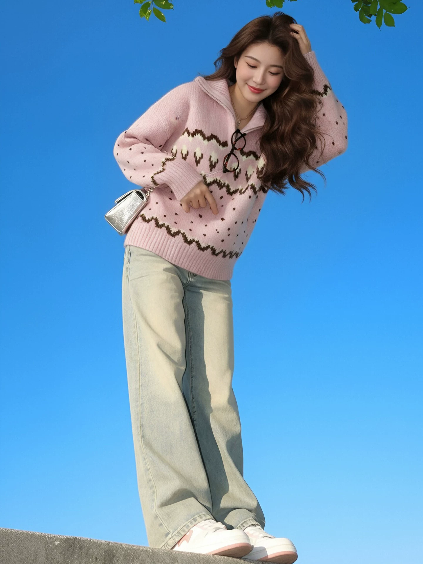Áo len cổ lọ nửa khóa kéo màu hồng phong cách Hàn Quốc của CuteGirl dành cho nữ, áo len dáng rộng cổ điển mùa đông