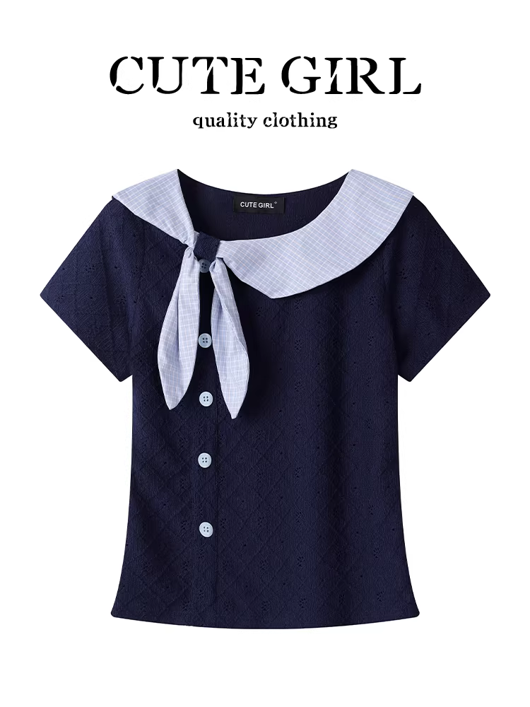 Áo thun ngắn tay kiểu dáng preppy màu sắc phối màu phong cách Hàn Quốc dành cho nữ, áo thun ngắn tay kiểu dáng ôm vừa vặn thanh lịch mùa hè