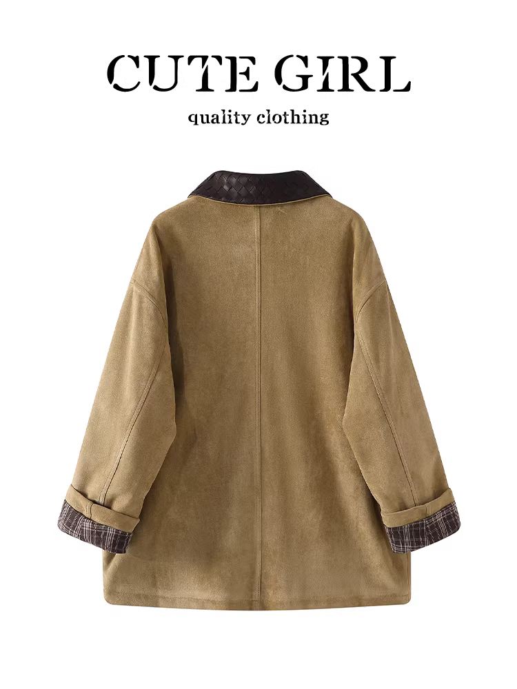 Áo khoác da lộn màu kaki cổ điển CuteGirl dành cho nữ, mùa thu đông, áo khoác đa năng và dày dặn