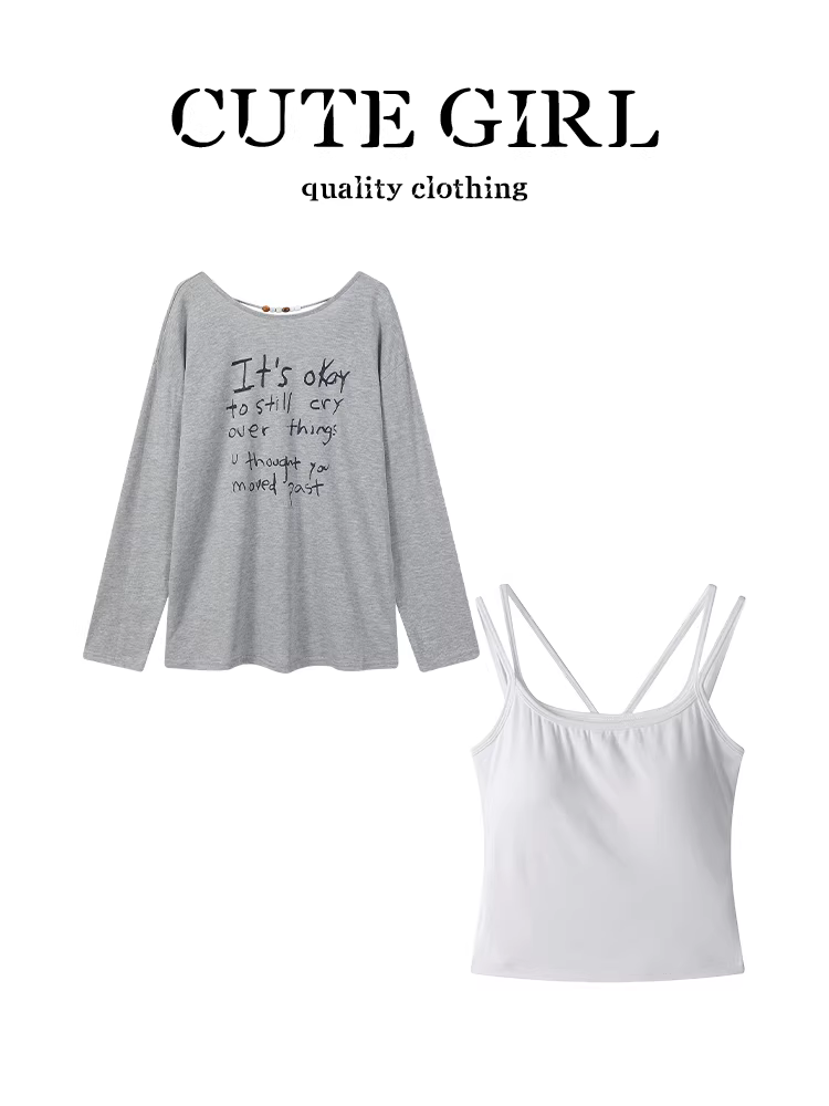 Bộ trang phục giảm tuổi tác của CuteGirl là bộ hoàn chỉnh gồm áo sơ mi dài tay in họa tiết màu xám thanh lịch mùa hè dành cho nữ và bộ hai mảnh áo yếm