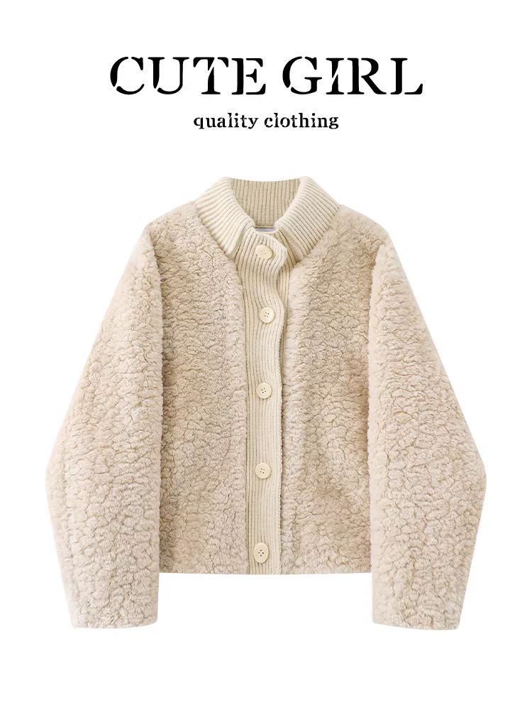 Áo khoác lót lông cừu màu mơ kiểu dáng nhẹ nhàng của CuteGirl dành cho nữ, áo khoác ngắn dáng rộng, đa năng, thích hợp cho mùa thu đông.