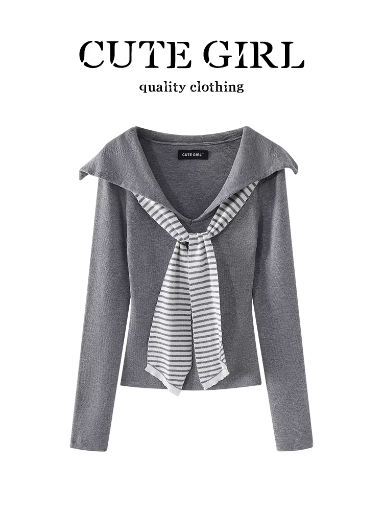 Áo len dệt kim có mũ trùm đầu màu xám phong cách Pure Girl với khăn choàng dành cho nữ, áo dáng ôm đa năng thu đông giảm tuổi tác