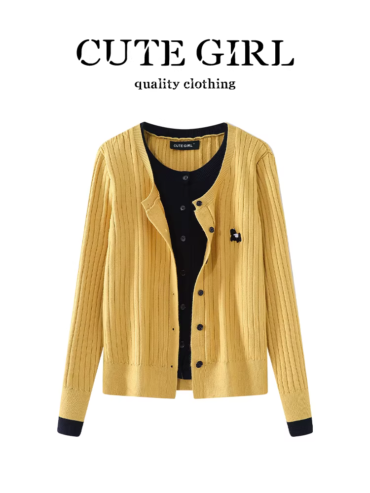 Áo len dệt kim giả hai mảnh màu sắc phối hợp phong cách preppy CuteGirl dành cho nữ, mùa đông, nhỏ nhắn, dáng rộng, giản dị, đa năng, áo len giảm tuổi tác