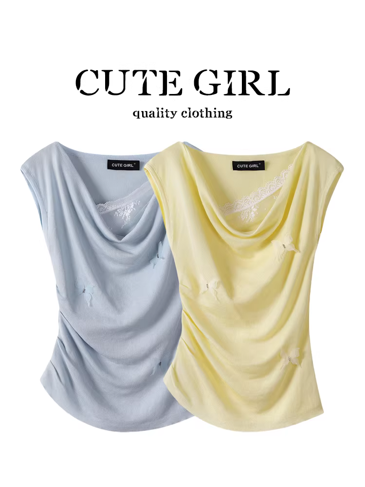 CuteGirl phong cách Hàn Quốc khí chất dịu dàng phối ren cổ áo thun ngắn tay dành cho nữ mùa hè áo thun không đều eo thon gọn