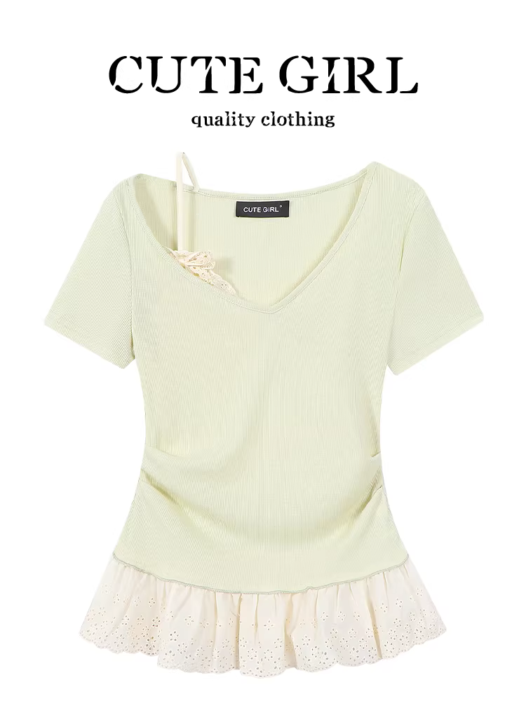 Áo thun ngắn tay dệt kim phối ren ngọt ngào phong cách Hàn Quốc dành cho nữ, áo hai mảnh giả mùa hè thuần khiết và hợp thời trang