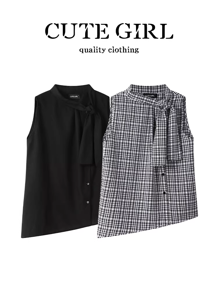 Áo sơ mi không tay kẻ sọc thiết kế theo phong cách Hàn Quốc dễ thương dành cho nữ, áo có cổ đứng đi làm thanh lịch mùa hè có nơ