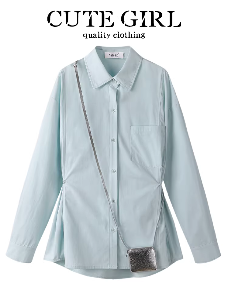 Áo sơ mi dài tay có nút cài eo kiểu Hàn Quốc của CuteGirl dành cho nữ, áo sơ mi xếp lớp thông thường đa năng mùa xuân