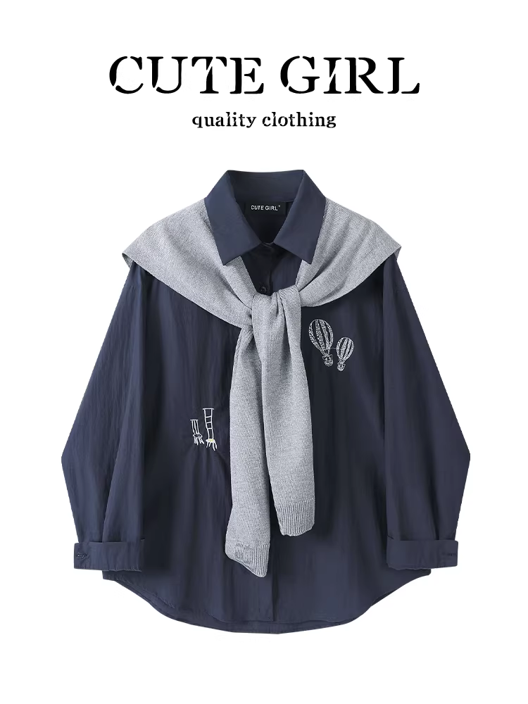 Áo sơ mi dài tay khăn choàng màu xanh hải quân phong cách Hàn Quốc dành cho nữ, thiết kế đầu thu, áo sơ mi dáng rộng, giản dị và đa năng