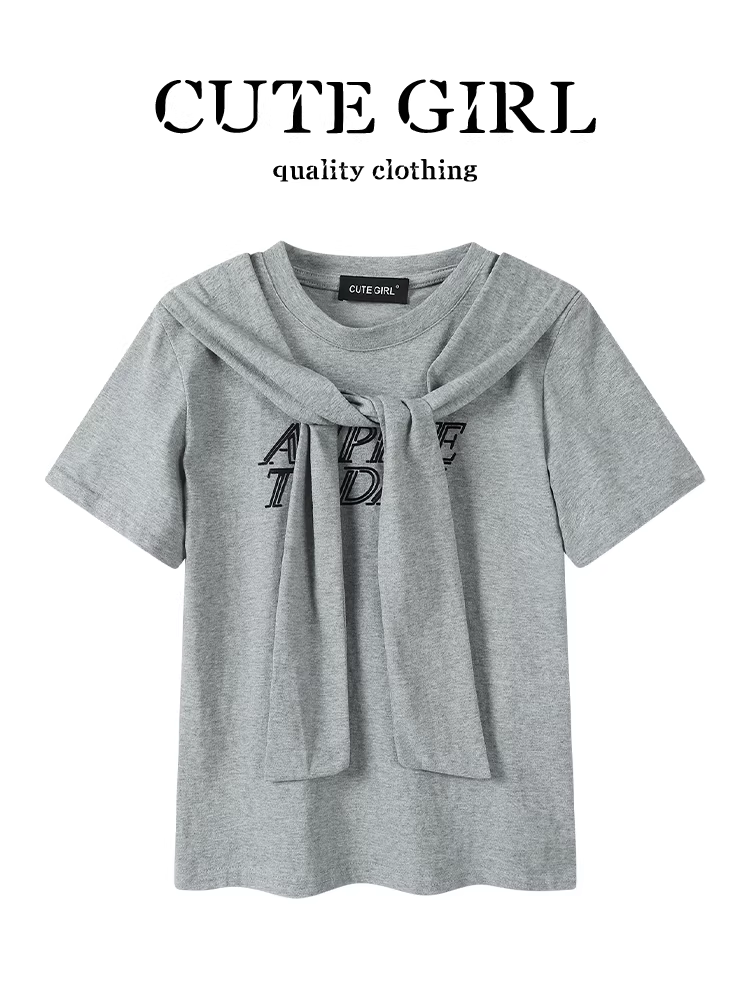 Áo thun ngắn tay giả hai mảnh màu xám phong cách Hàn Quốc CuteGirl dành cho nữ, thiết kế mùa hè, dáng rộng, giản dị, đa năng