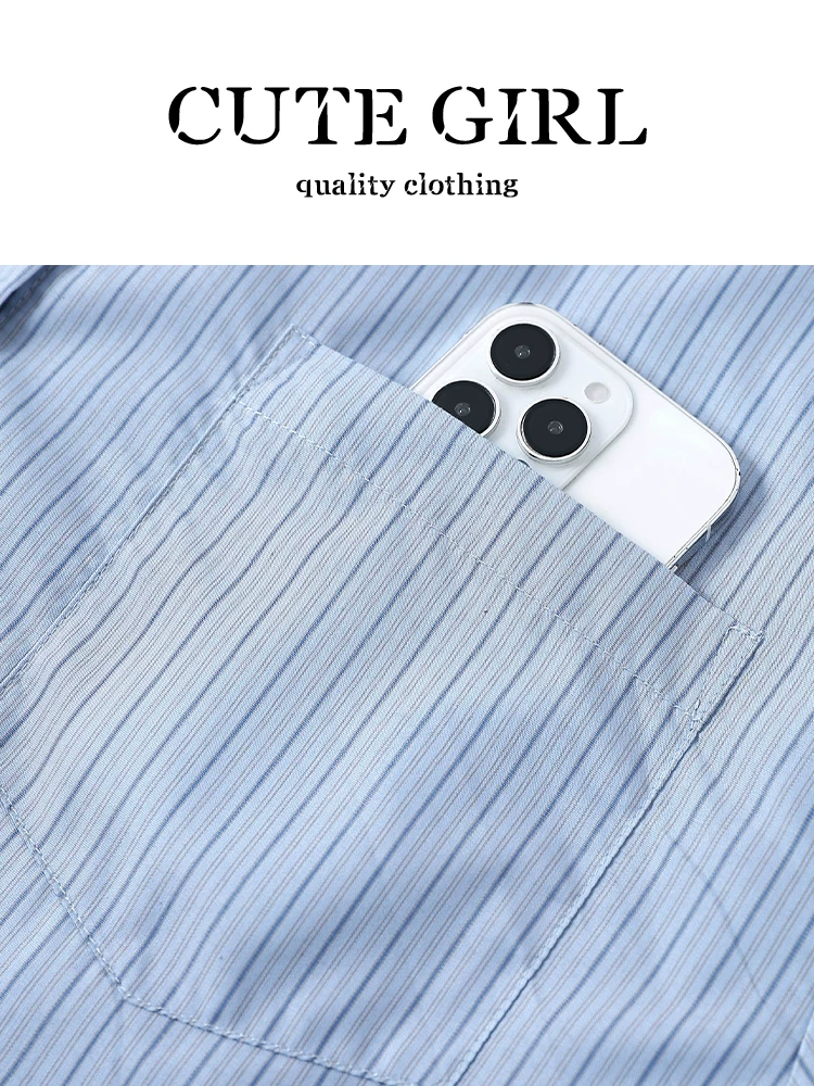 Áo sơ mi dài tay cổ polo sọc xanh lấy cảm hứng từ thiết kế CuteGirl dành cho nữ, phong cách mùa thu, dáng rộng, áo đi làm đa năng.