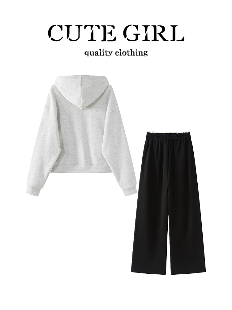 Áo hoodie lót lông cừu in chữ đơn giản phong cách Hàn Quốc dành cho nữ, quần thường ngày phối màu mùa thu, bộ hai món