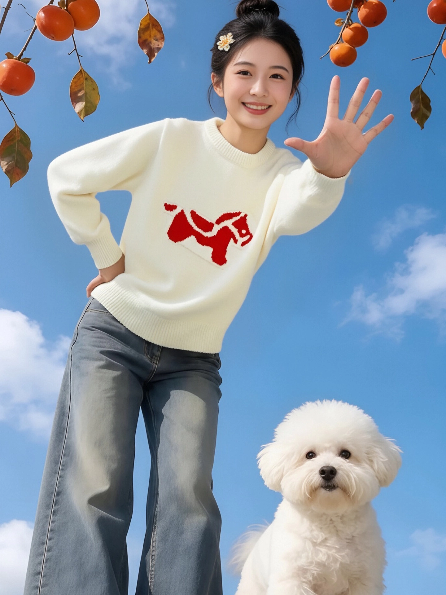 Áo len jacquard màu đỏ cổ điển của CuteGirl dành cho nữ, phong cách Giáng sinh mùa đông, dáng rộng và đa năng, áo kiểu dáng thời trang