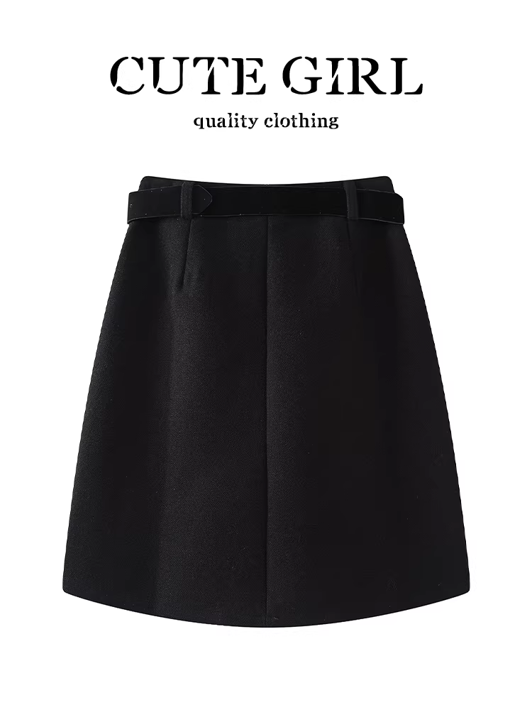 Váy len xếp ly màu đen sành điệu của CuteGirl dành cho nữ, váy midi chữ A đa năng, eo cao, thanh lịch mùa đông