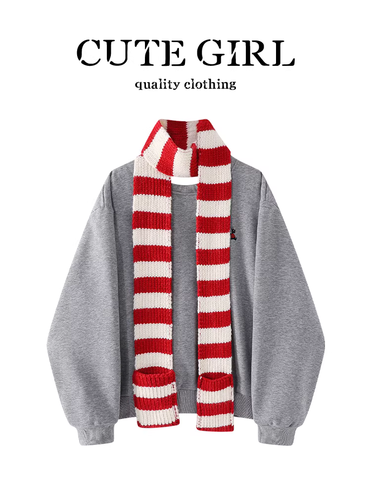 Áo len cổ tròn màu xám dopamine CuteGirl có khăn quàng cổ sọc dành cho nữ, mùa thu đông, kiểu dáng thời trang, dáng rộng, giản dị, đa năng