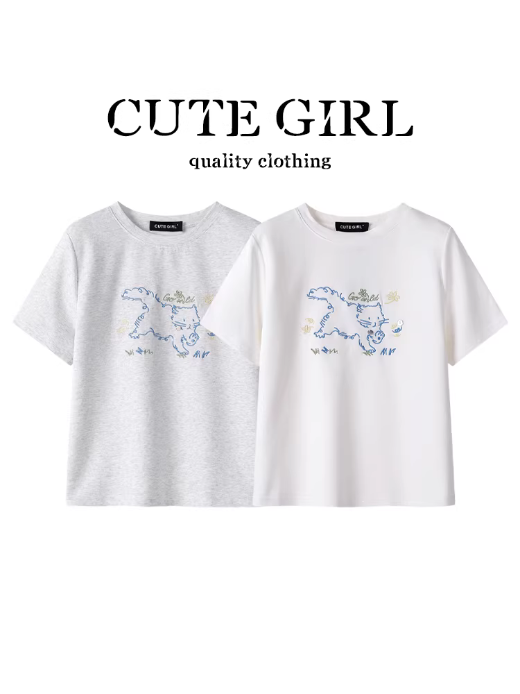 Áo thun ngắn tay cổ tròn thêu hoạt hình phong cách Hàn Quốc dễ thương dành cho nữ, áo thun trắng thêu hình mèo mùa hè