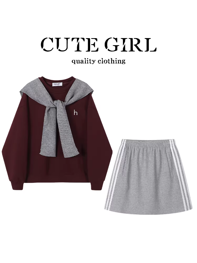 CuteGirl cao cấp khăn choàng thanh lịch áo len màu đỏ phong cách thể thao mùa thu của phụ nữ váy chữ A lưng cao bộ hai món