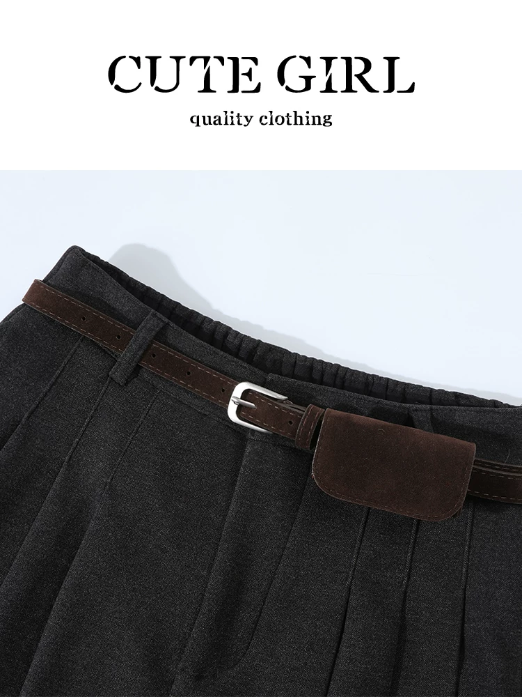 Quần ống rộng bằng len màu xám đậm phong cách retro CuteGirl dành cho nữ trong mùa thu đông, quần ống rộng và đa năng, quần ống thẳng có xếp nếp