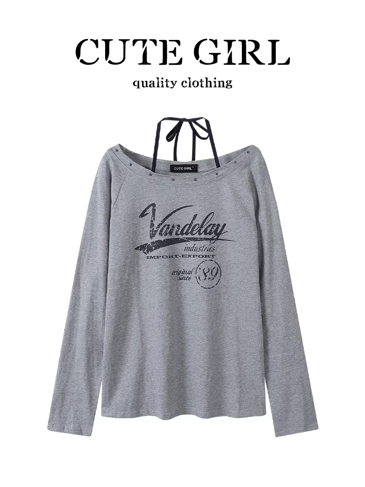 Áo thun dài tay lệch vai cổ yếm màu xám sành điệu của CuteGirl dành cho nữ, phong cách lười biếng mùa thu, dáng rộng và đa năng, áo ngọt ngào và mát mẻ