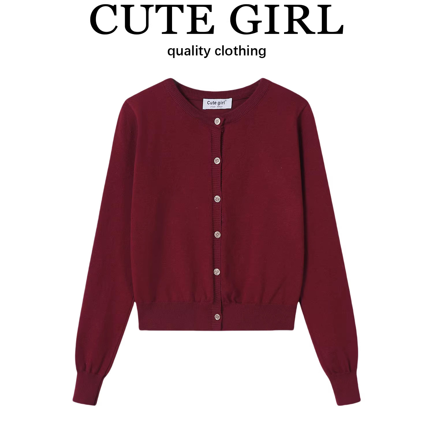 Áo cardigan dệt kim cổ tròn màu đỏ phong cách Hàn Quốc dành cho nữ, đầu thu, dáng nhỏ nhắn, áo khoác dáng rộng, áo dài tay đa năng