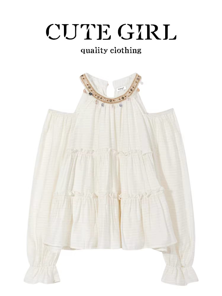 Áo sơ mi trễ vai tay phồng màu mơ lấy cảm hứng từ thiết kế CuteGirl dành cho nữ, phong cách niche kiểu Pháp mùa xuân, áo thon gọn gợi cảm và đa năng