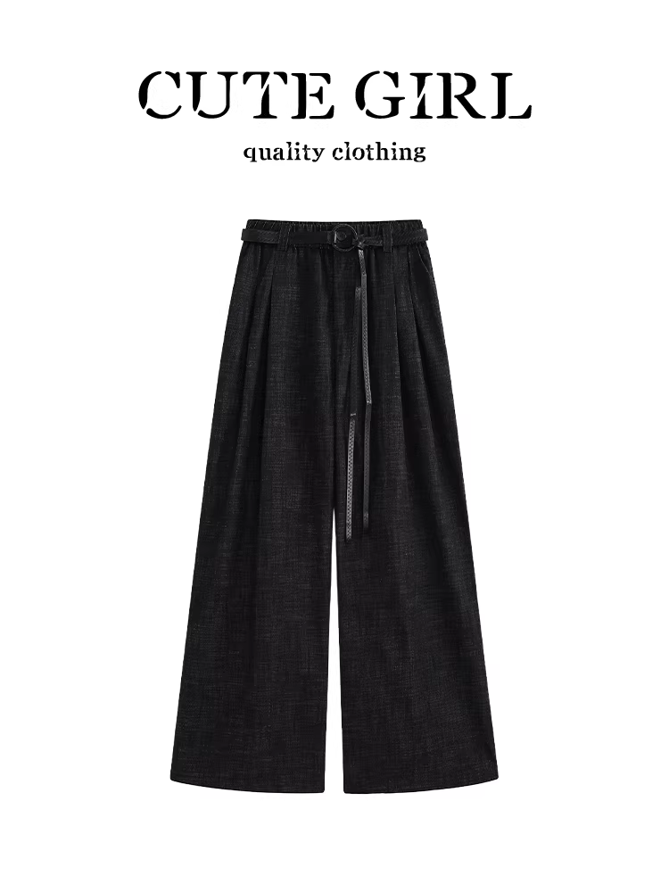 Quần âu nữ màu đen kiểu dáng thời trang có thun co giãn ở eo, kèm thắt lưng, dáng rộng và đa năng, kiểu dáng thẳng, chất liệu mềm mại, thích hợp cho mùa thu.