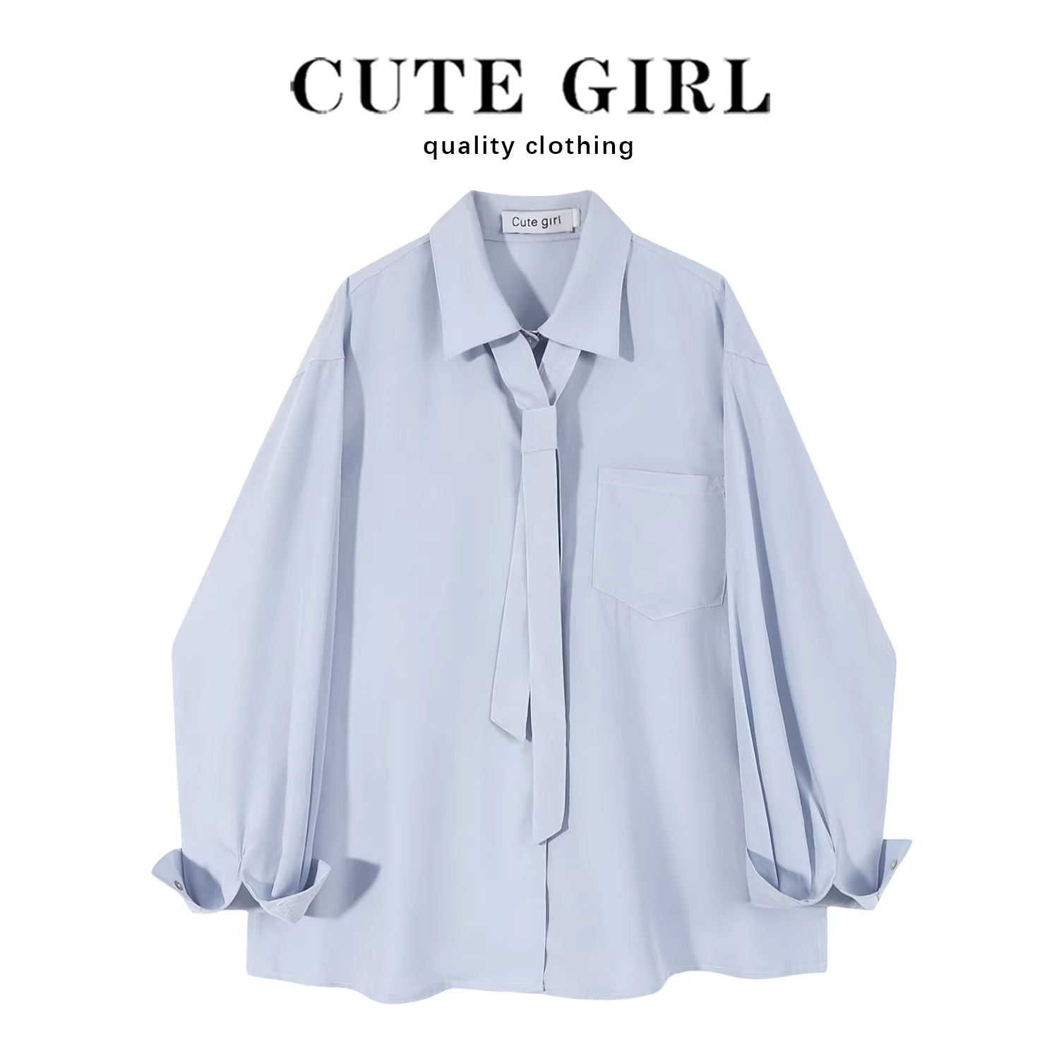 Áo sơ mi màu xanh có dây buộc phong cách Hàn Quốc của CuteGirl dành cho nữ mùa xuân mới áo sơ mi dài tay dáng rộng thanh lịch