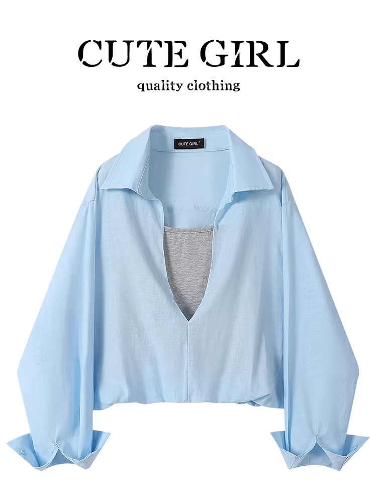 Áo sơ mi cổ chữ V giả hai mảnh màu xanh phong cách Pháp của CuteGirl dành cho nữ, áo độc đáo và siêu xinh cho đầu xuân, áo sơ mi hợp thời trang.