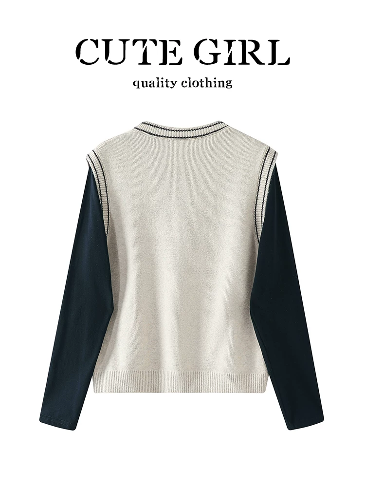Trang phục ootd thanh lịch của CuteGirl dành cho nữ trong mùa thu, bộ áo vest dệt kim thêu hoa mai và áo thun dài tay