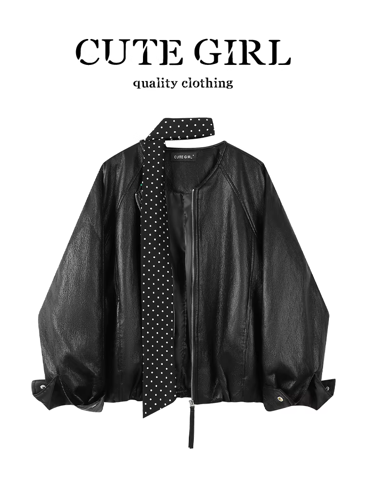 Áo khoác da ngắn cổ tròn màu đen cổ điển của CuteGirl dành cho nữ, thiết kế mùa thu, áo khoác rộng rãi và đa năng
