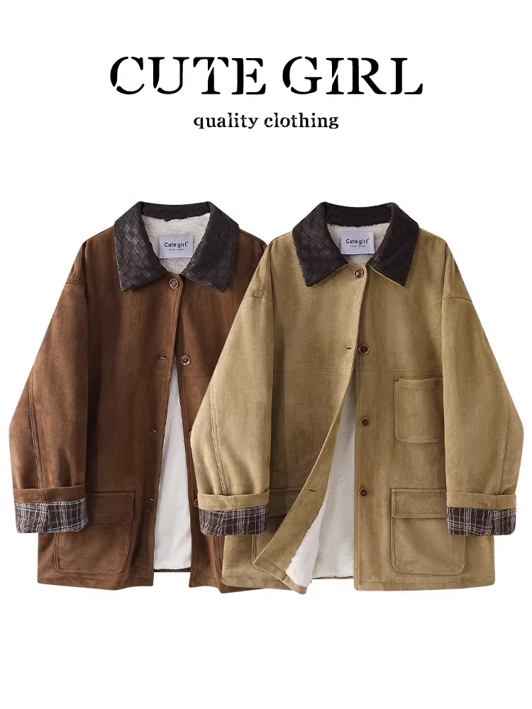 Áo khoác lót lông cừu kẻ sọc có thể đảo ngược theo phong cách cổ điển CuteGirl dành cho nữ trong mùa thu đông, áo khoác đa năng dáng rộng thông thường cao cấp