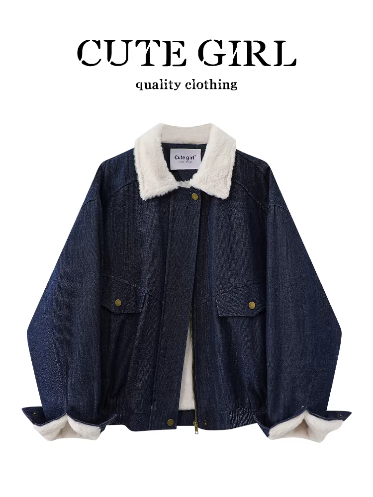 Áo khoác denim lót lông màu xanh lam phong cách Hàn Quốc CuteGirl dành cho nữ, phong cách mùa thu, áo khoác dáng rộng, giản dị và đa năng
