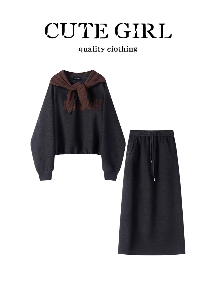 Bộ trang phục đầu thu phong cách Hàn Quốc CuteGir, bộ trang phục hoàn chỉnh dành cho nữ, áo len màu xám kèm khăn choàng, váy chữ A, bộ hai mảnh thanh lịch.