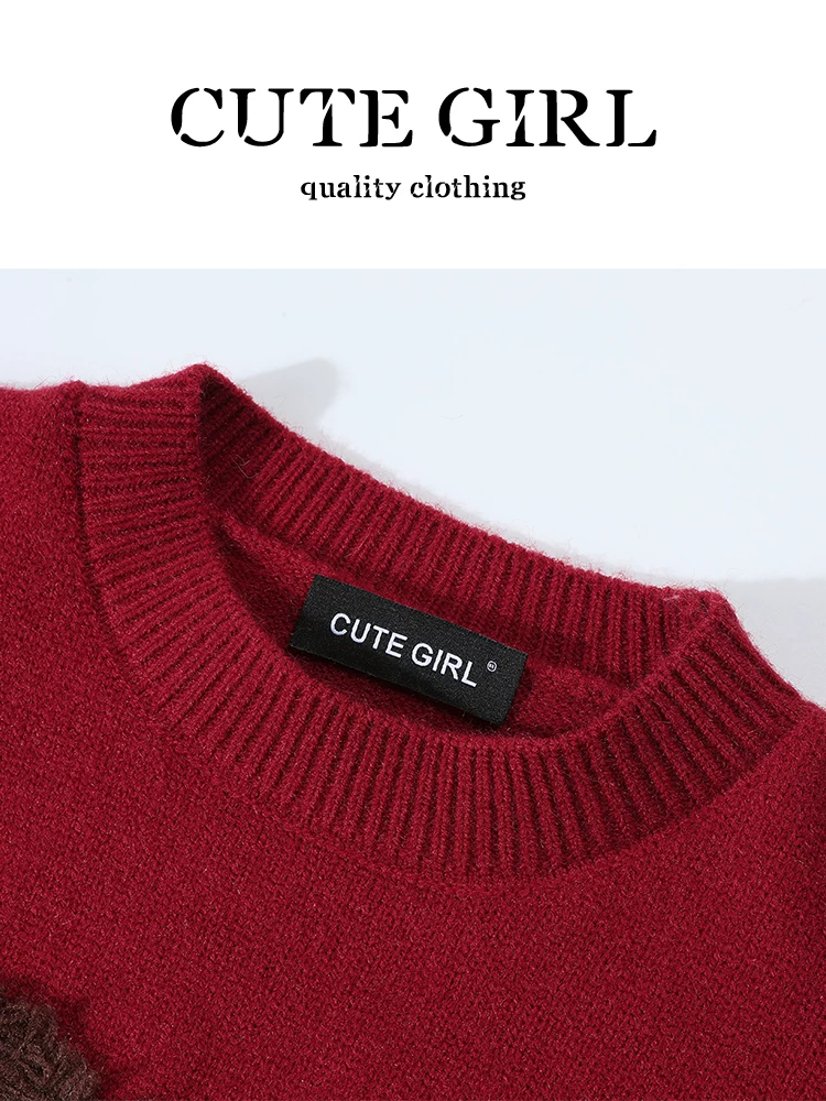 Áo len cổ tròn họa tiết hoạt hình màu đỏ phong cách Hàn Quốc dành cho nữ, phong cách Giáng sinh mùa đông, dáng rộng và đa năng, áo độc đáo