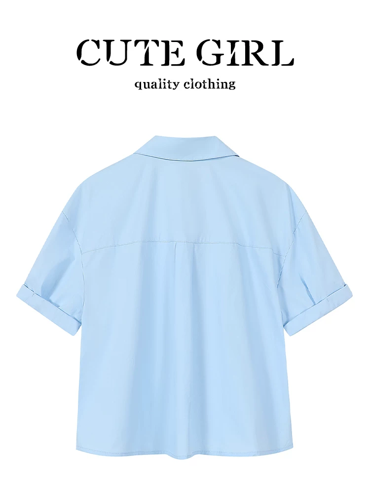 Áo sơ mi ngắn tay màu xanh giảm tuổi tác phong cách Hàn Quốc CuteGirl dành cho nữ, áo sơ mi ngắn kiểu preppy mùa hè sang trọng