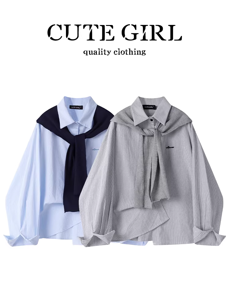 Áo sơ mi sọc thêu chữ phong cách Hàn Quốc CuteGirl dành cho nữ, áo sơ mi xếp lớp thiết kế mùa thu