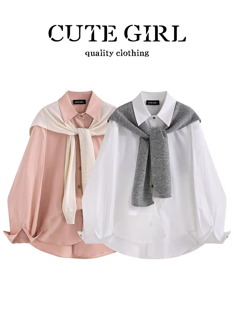 Áo sơ mi dài tay màu trắng phong cách Pháp có khăn choàng dành cho nữ, phong cách mùa thu, dáng rộng và đa năng, áo giảm tuổi tác