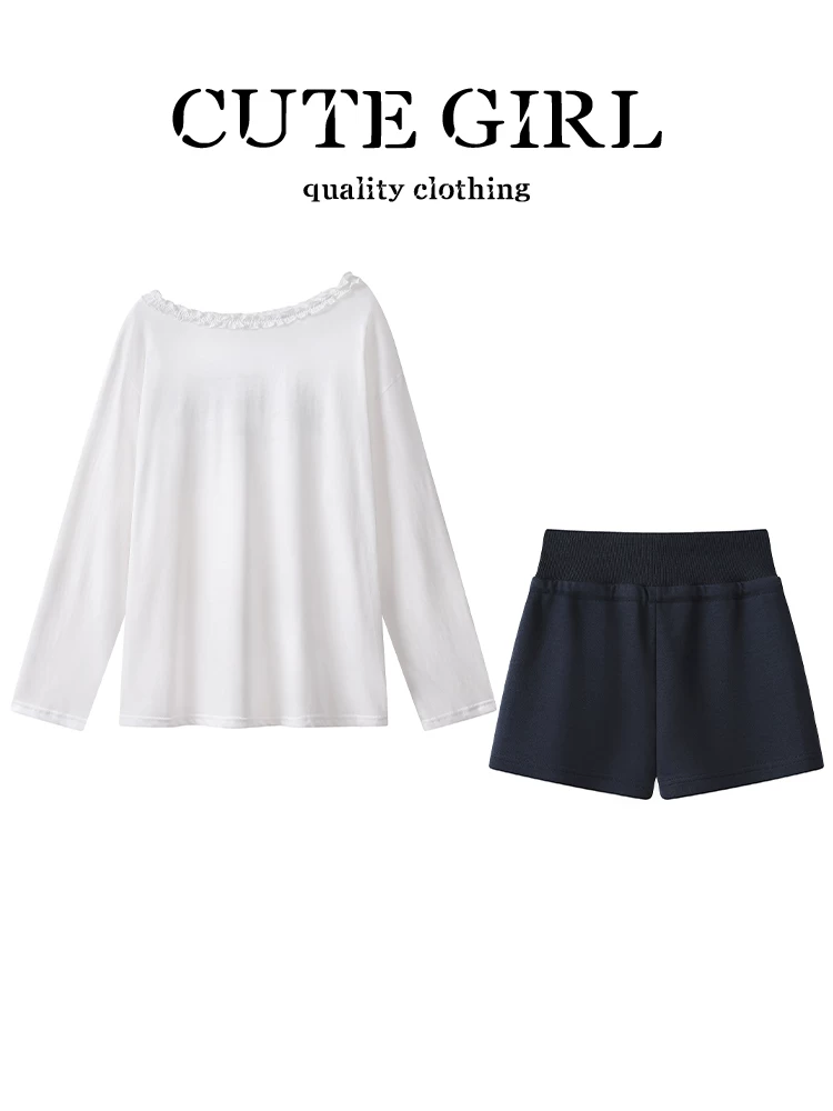 CuteGirl Áo thun trễ vai in chữ thời trang Hàn Quốc có dây rút mùa hè quần short cạp cao dành cho nữ Bộ đồ hai mảnh